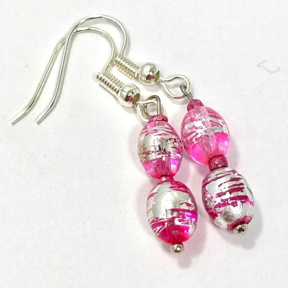 Murano Style Pink Silver Art Glass Bead Earrings Plated Dainty Dangle Handmade - Picture 4 of 7